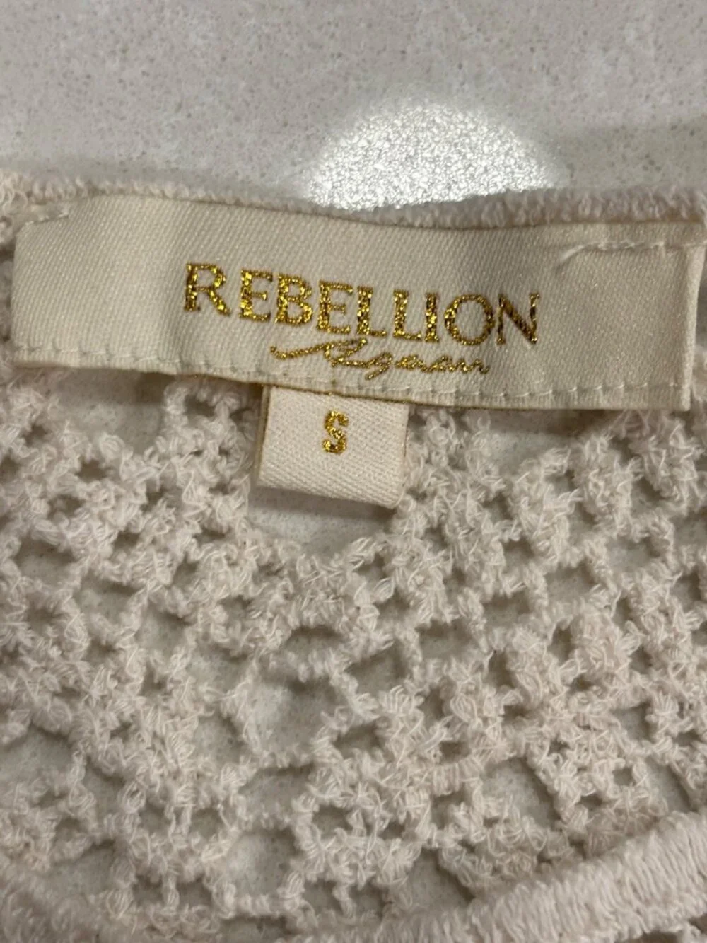 Rebellion Again Crochet Lace Top Cream 100% Cotton Boho Festival Scalloped Hem S - Picture 6 of 10